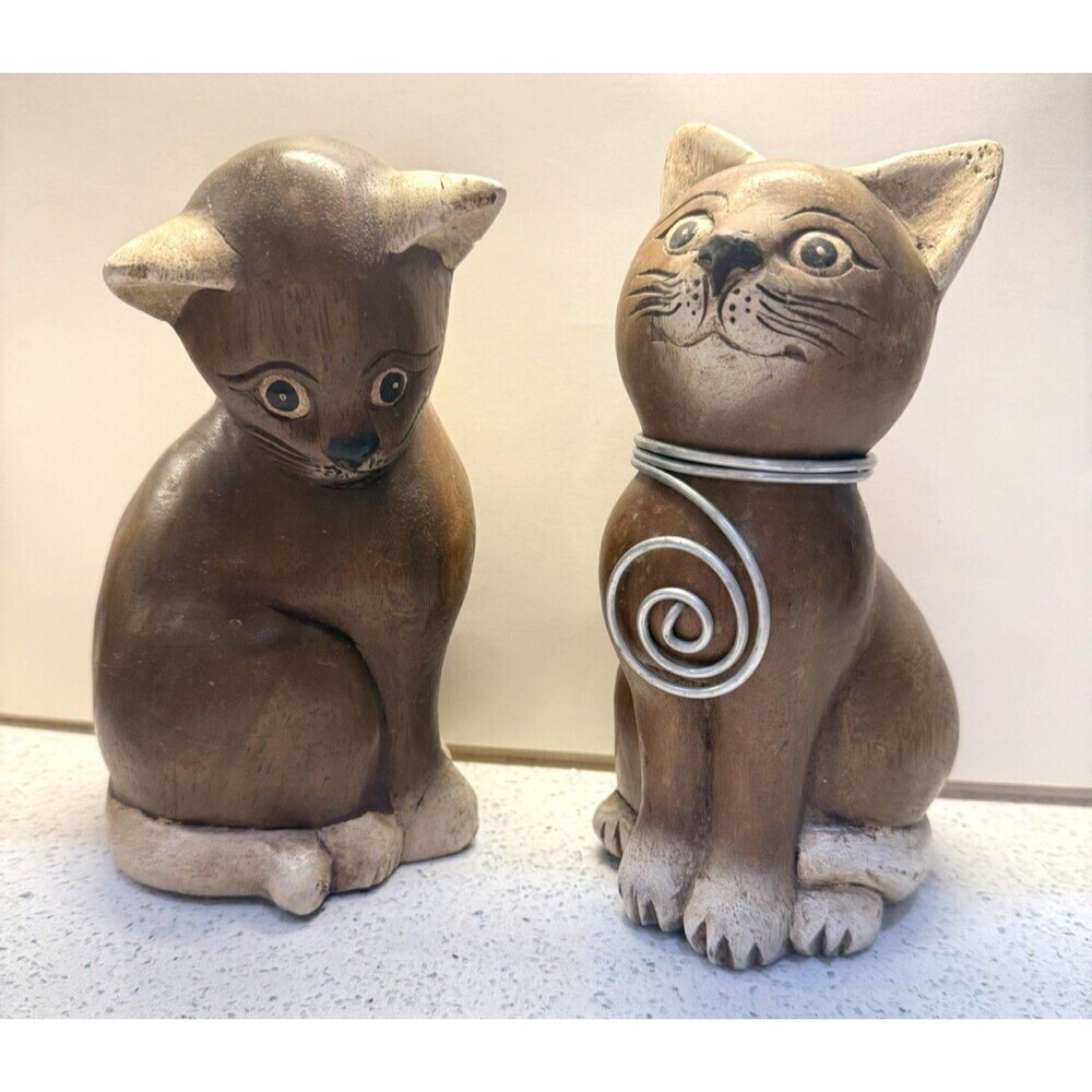 Vtg Hand Carved Painted Wooden Cats Statue Folk Art Thailand 8" Kittens Brown 2
